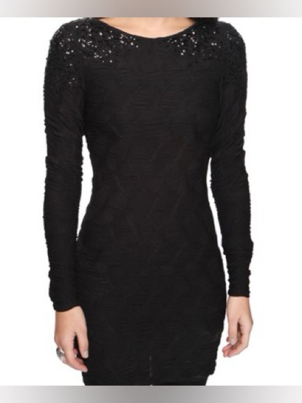 419. Women’s Black Long-Sleeve Bodycon Dress with Sequin Yoke Size M